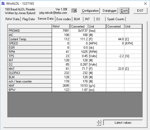 Screenshot of sensor data before revving, engine not warmed up.