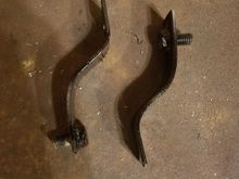 Also made these for the shift bracket on the transfer case. Makes up for the body lift and the trans being pushed back from original location. Just 1 1/2" flat kind of dead eyed the bend to give the difference in elevation I wanted. Checked fitment then drilled two holes in each. One end I dropped in a bolt then welded the head just to make it easier when bolting the shift bracket to it.