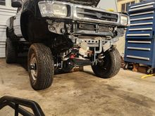 Set of old factory steelies from outback with stock size tire. Did end up having to bring truck a little high to roll these on to it.