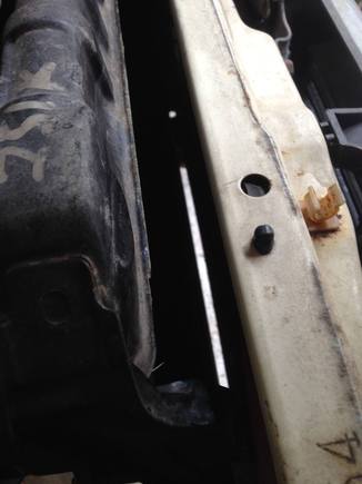 gap between the rad and the cross member
I usually stuff a 2" block of foam in here (i.e. AC weather strip) - It had that weather strip when new