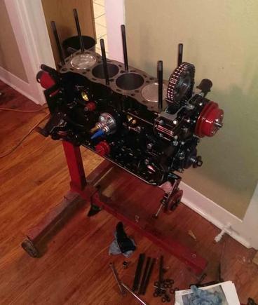 Block as I'm building it up in my living room - Timing cover and oil Pan on