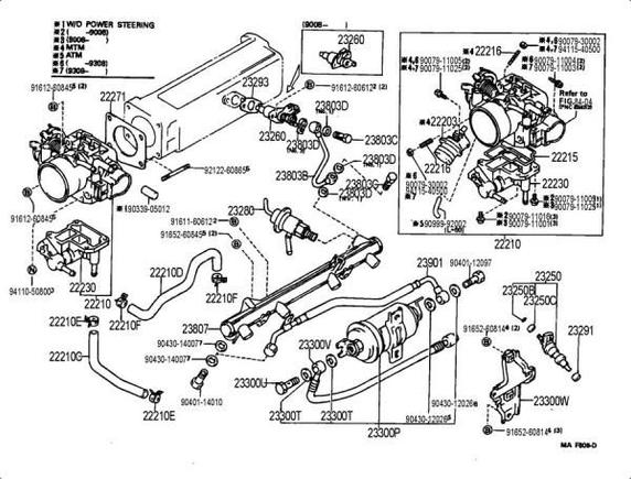 Fuel Injection Factory Toyota Layout including factory part numbers for an 1989 '89 4Runner and Truck or pickup with a 22RE 2.4L motor