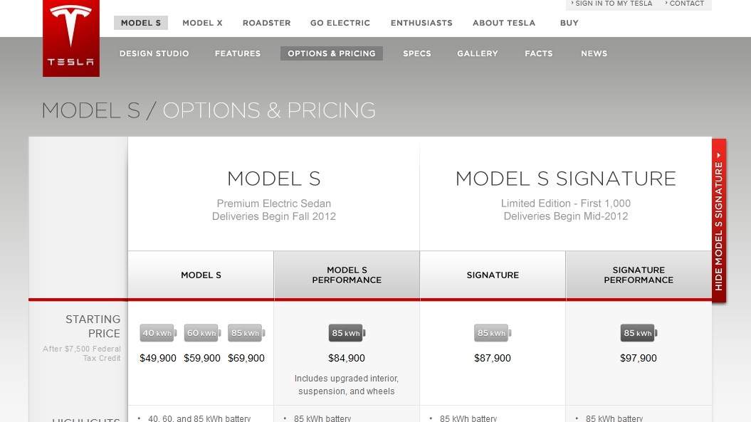 2012 Tesla Model S - net pricing shown on Tesla website