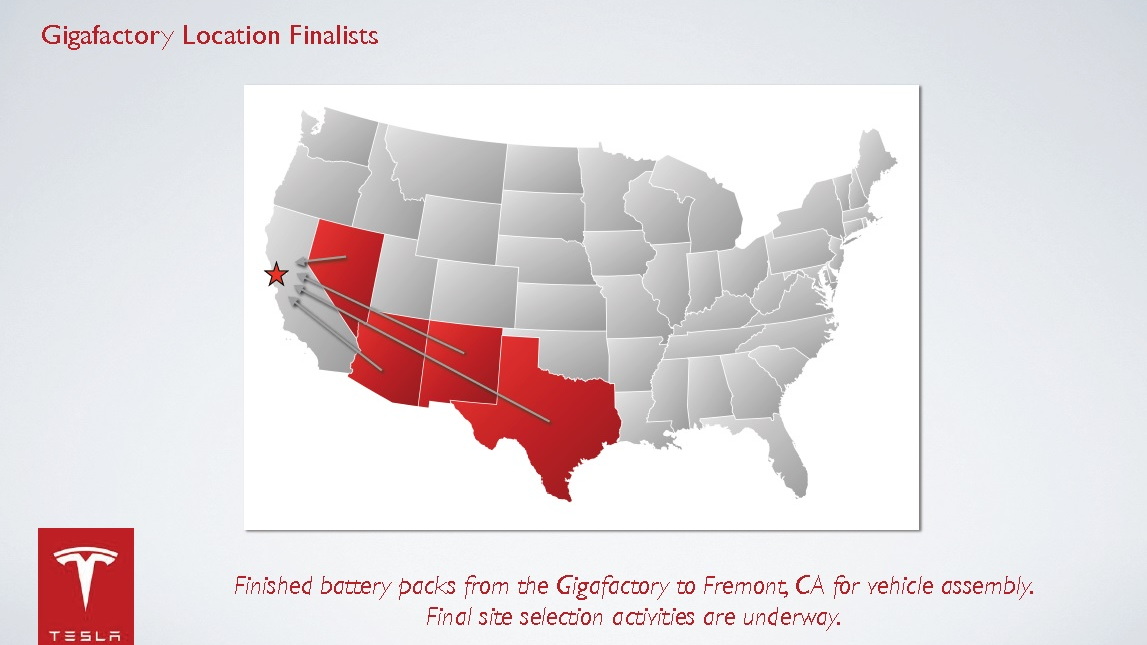 Slide showing candidate states for Tesla Motors gigafactory, from Feb 2014 presentation