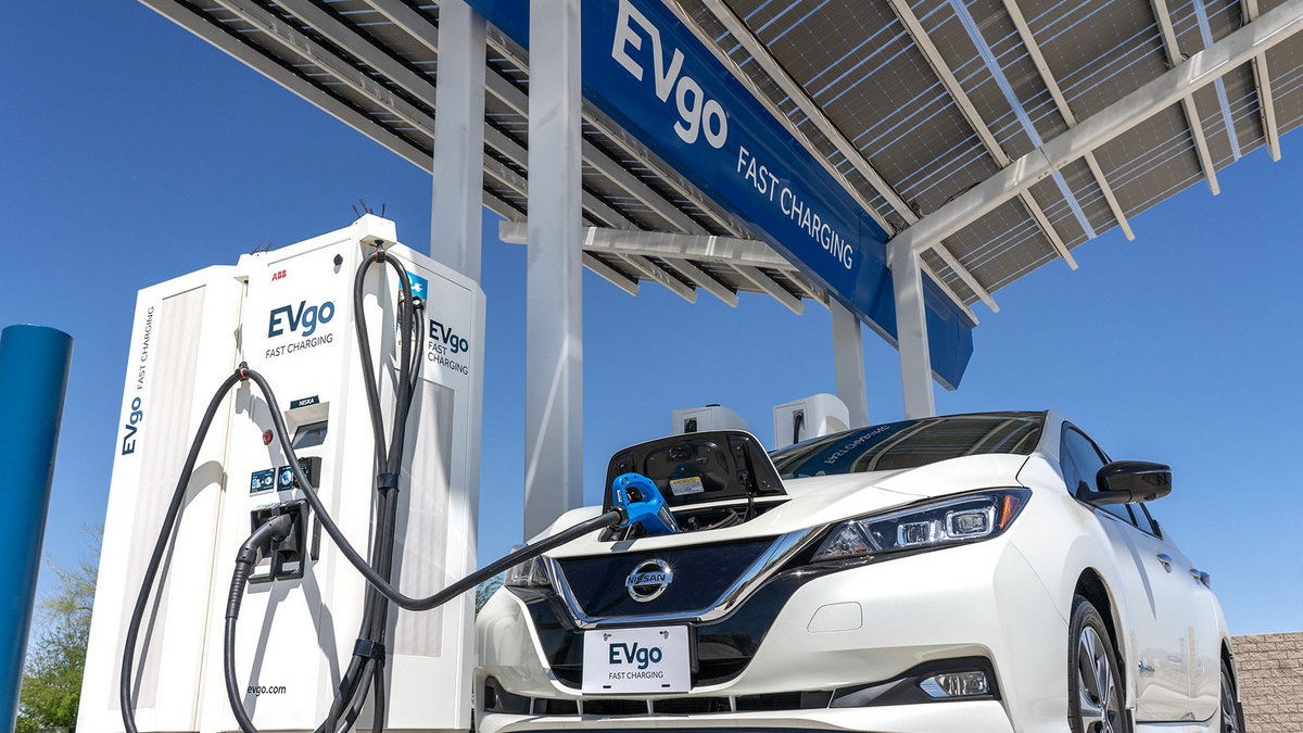 Nissan Leaf charging at EVgo fast charger in Baker, California