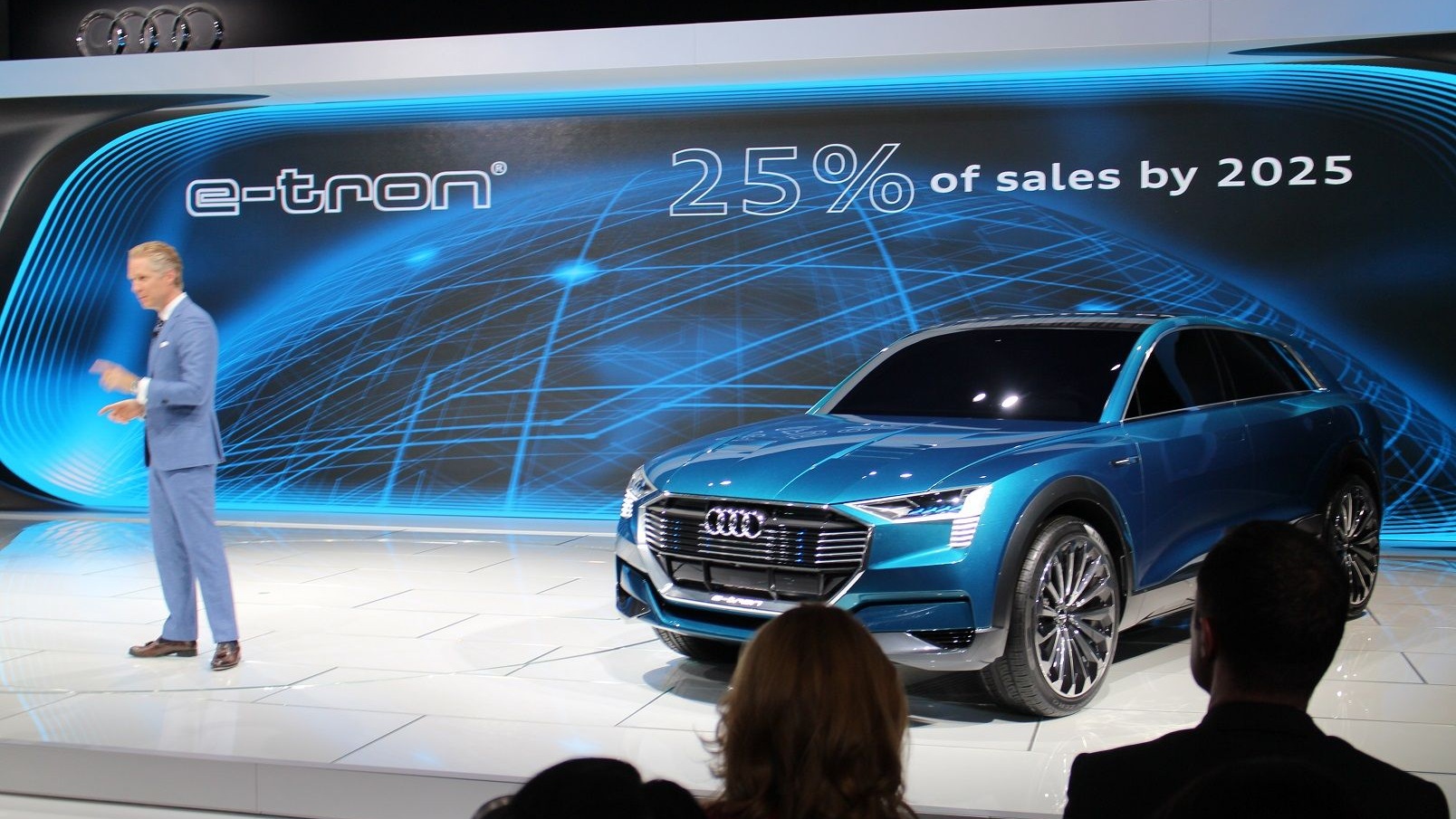 Audi of America president Scot Keogh with Audi e-tron quattro concept, 2015 Los Angeles auto show