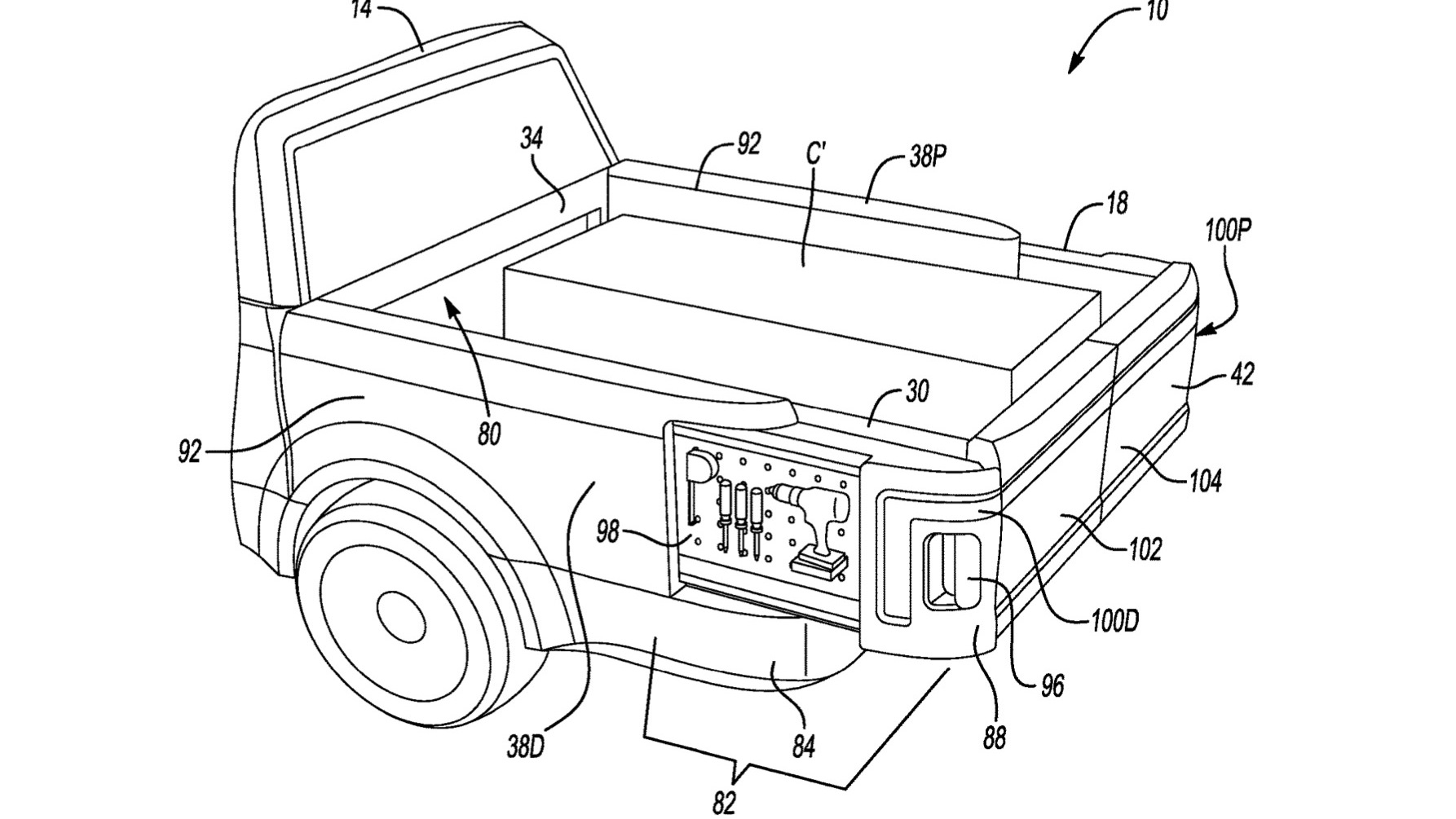 Patent image of Ford extending cargo bed floor and bed walls