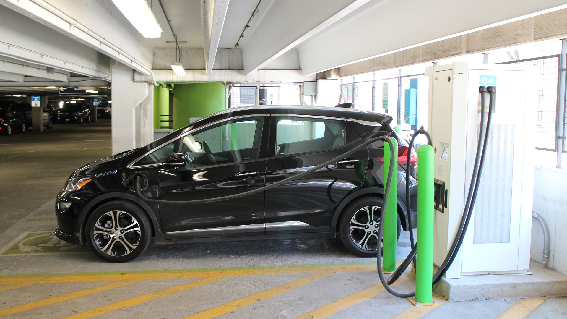 2017 Chevrolet Bolt EV electric car at EVgo fast-charging station, Newport Centre, Jersey City, NJ