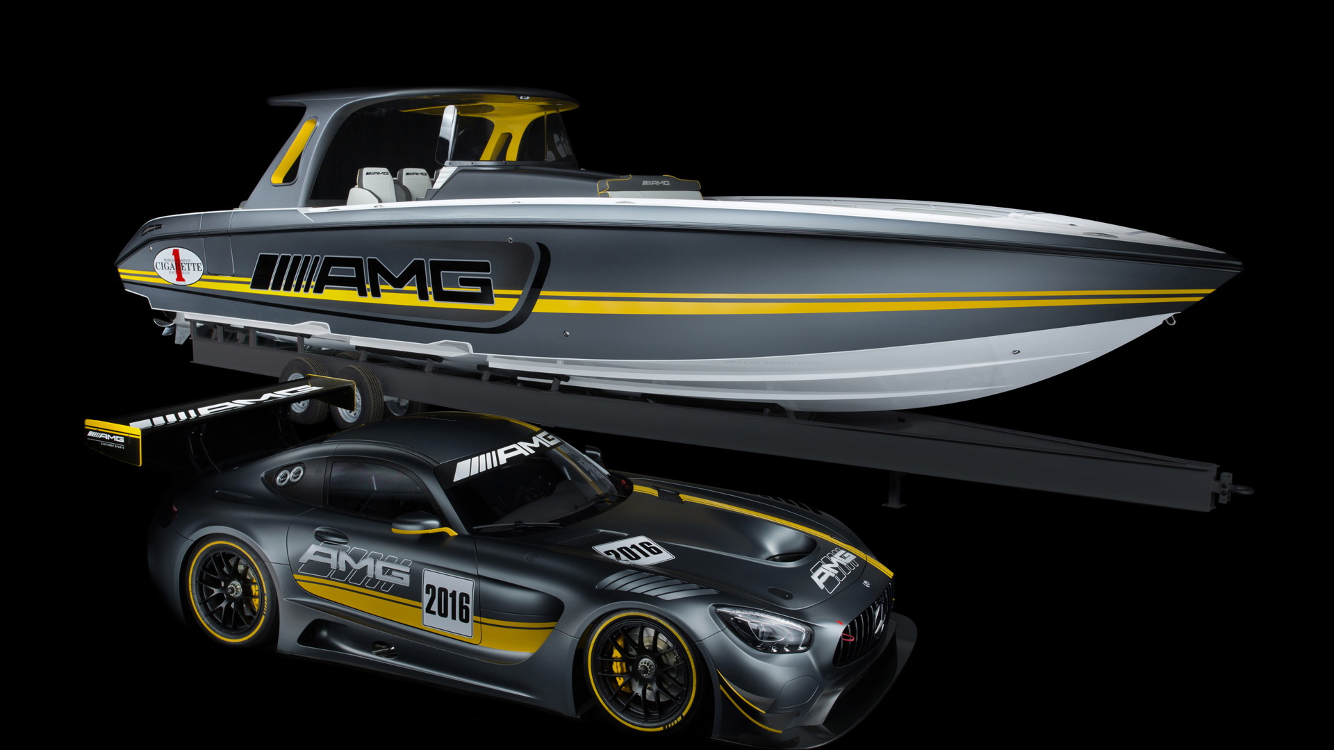 Cigarette Racing 41’ SD GT3 boat and 2016 Mercedes-AMG GT3 race car