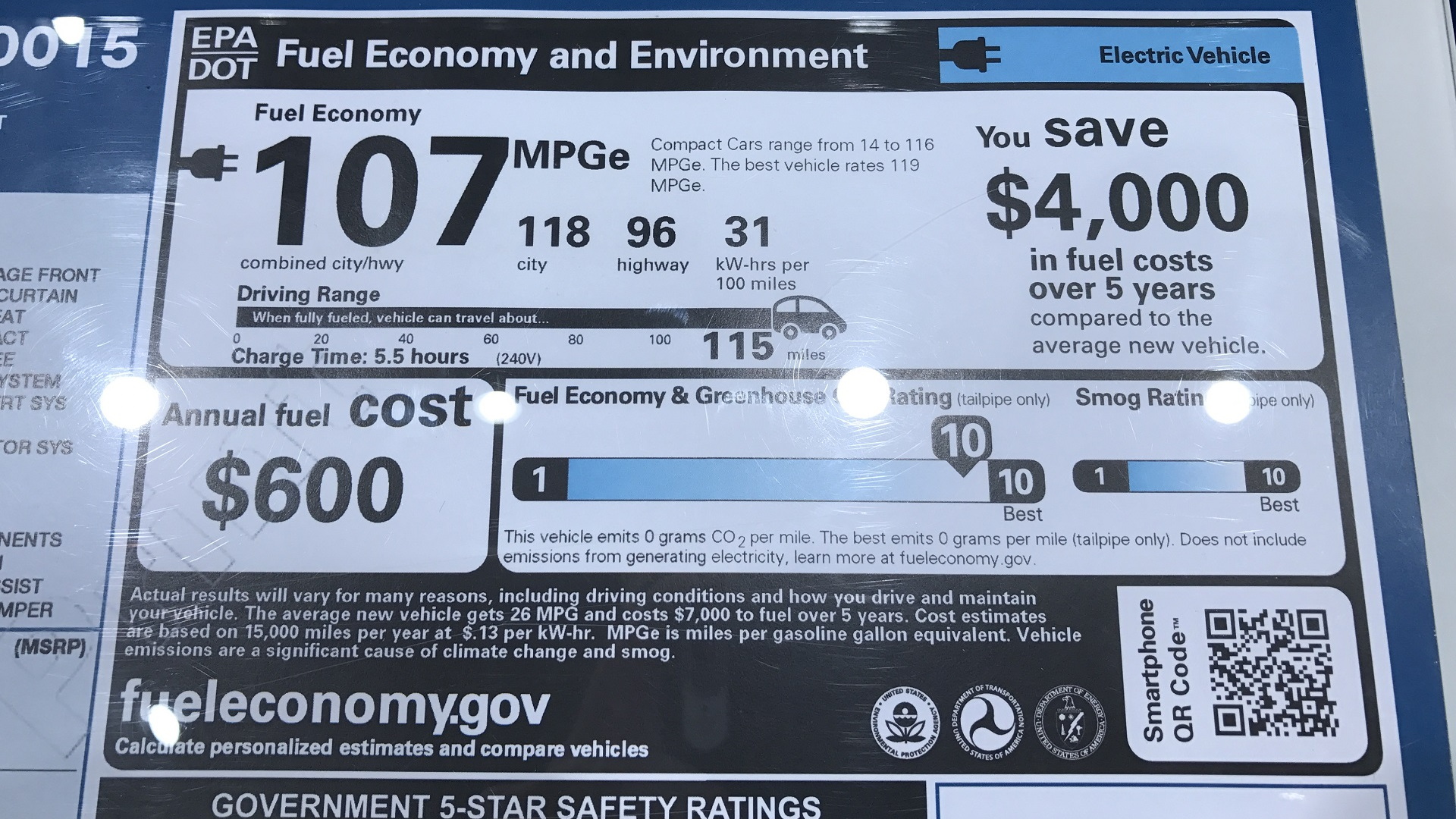2017 Ford Focus Electric window sticker showing 115-mile range rating