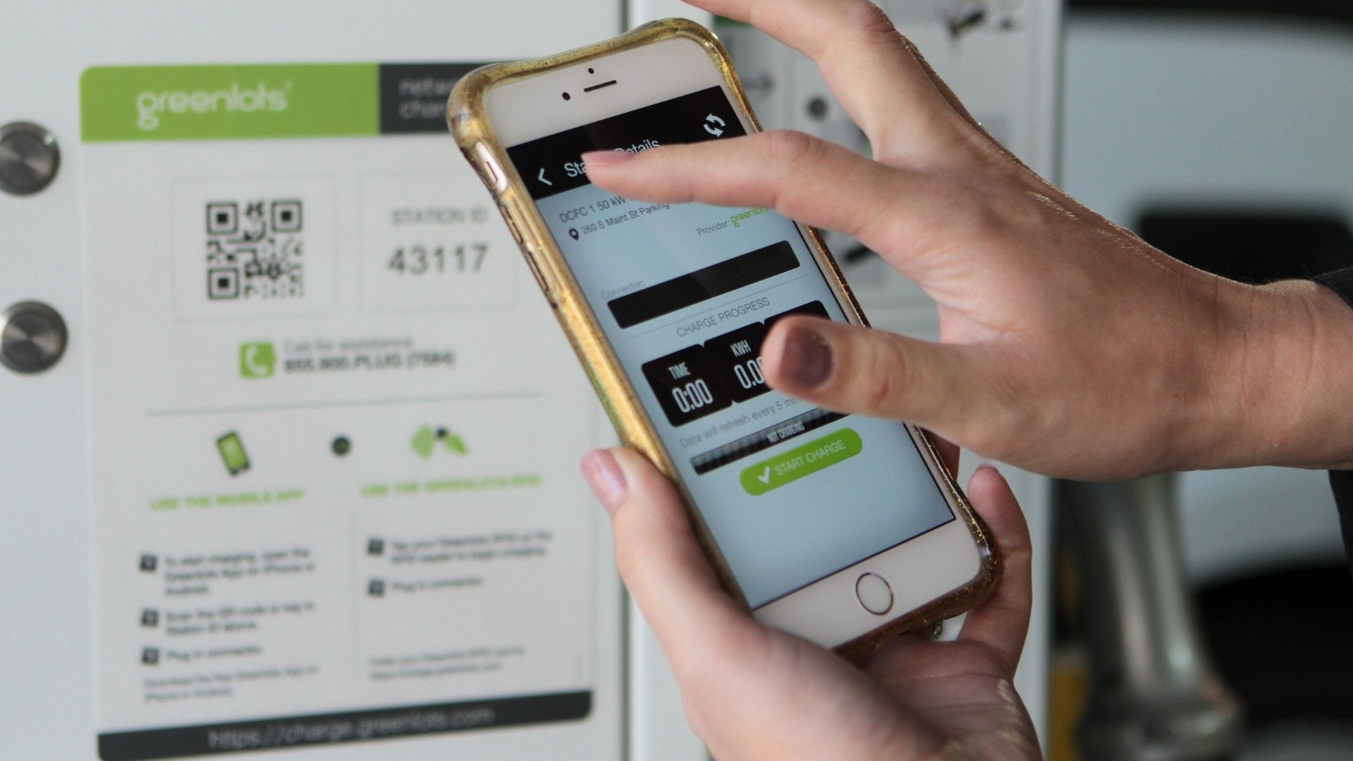 Greenlots electric-car charging mobile app for use at charging station