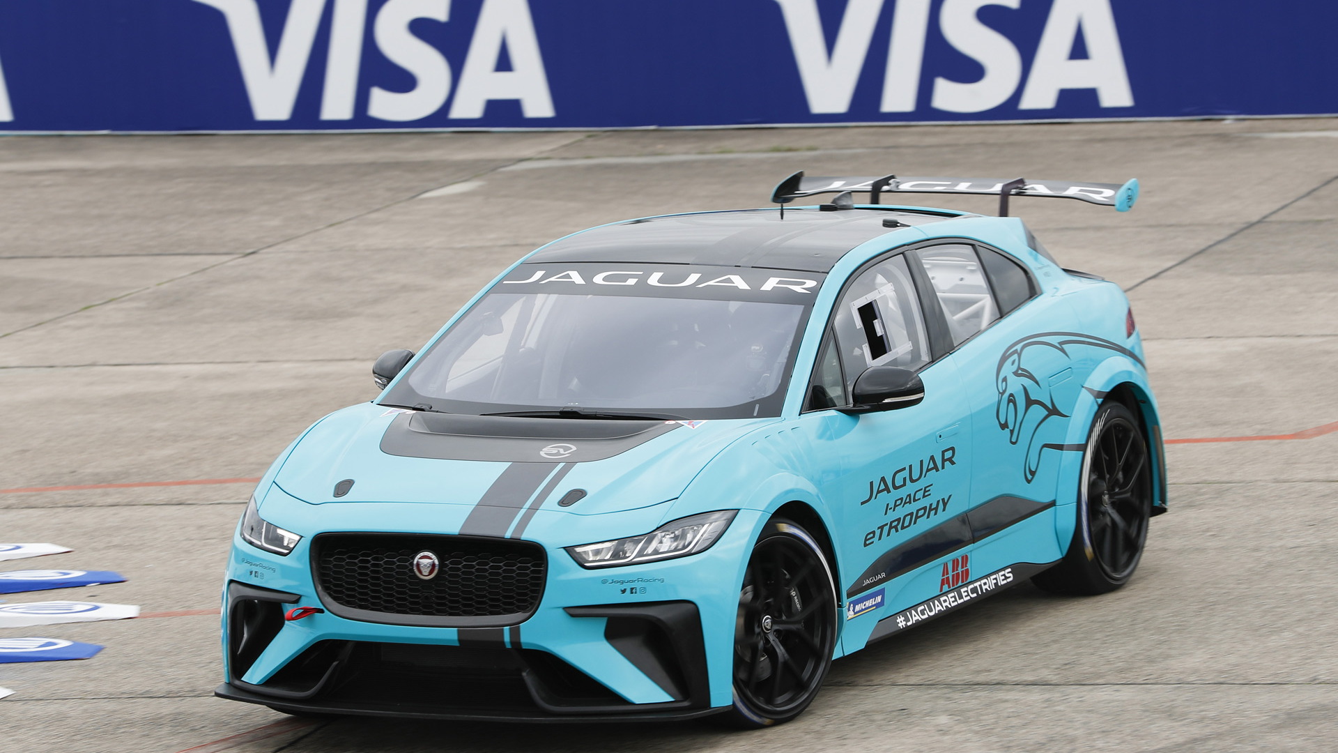 Jaguar I-Pace eTrophy race car dynamic debut during 2018 Formula E Berlin ePrix