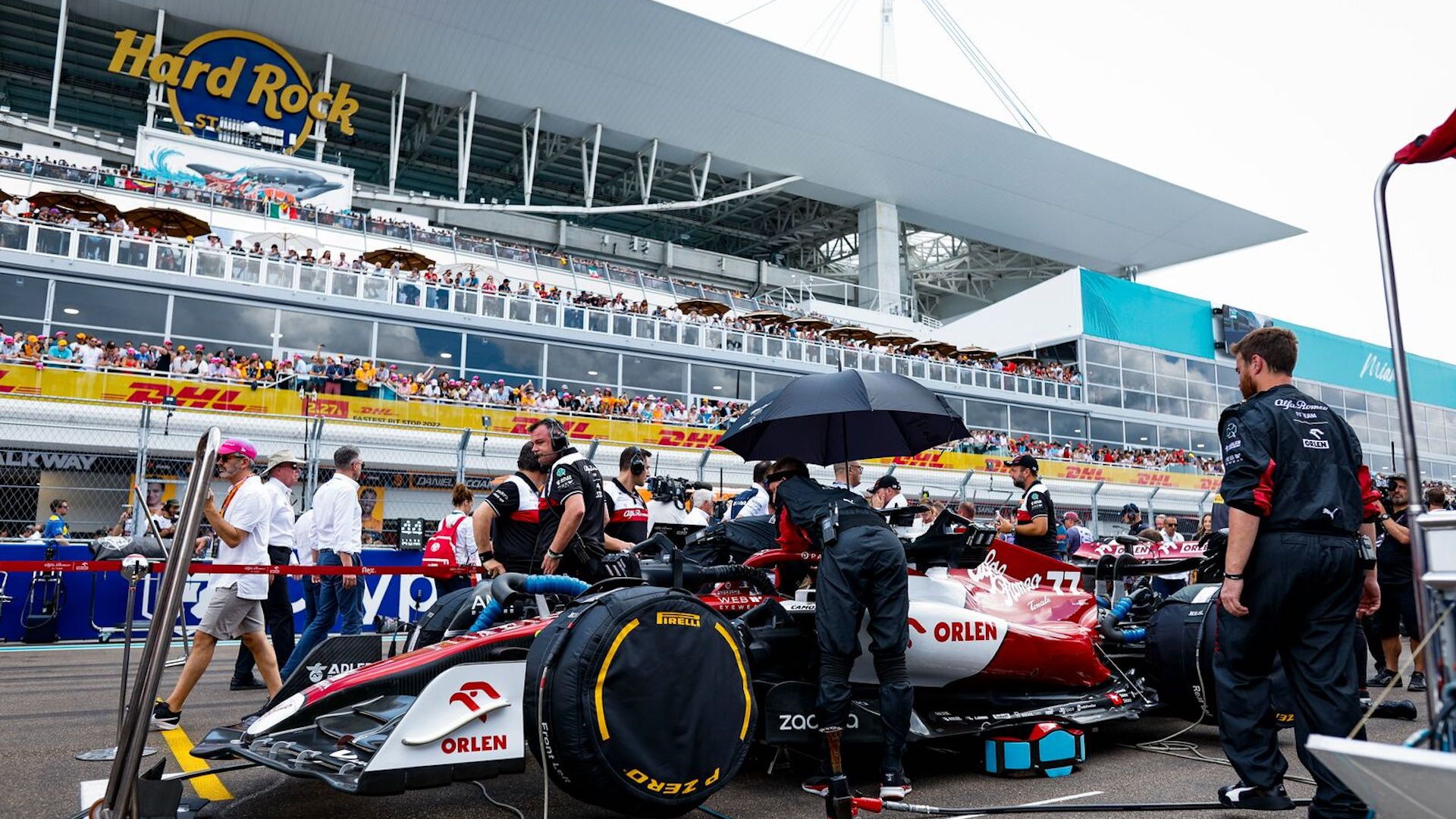 Valtteri Bottas waits out a brief rain shower at the inaugural Miami Grand Prix, May 8, 2022. 