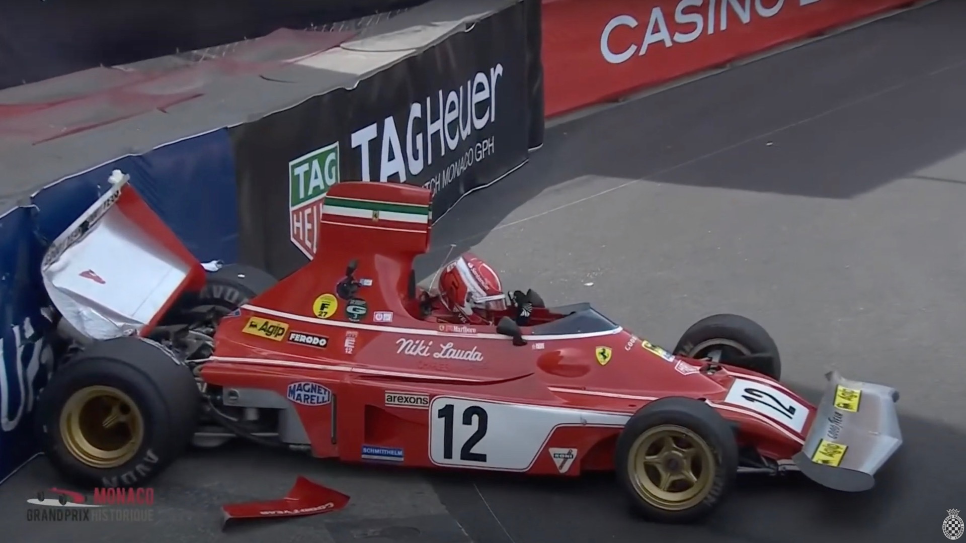 Charles Leclerc crashes ex-Niki Lauda Ferrari 312B3 Formula One car