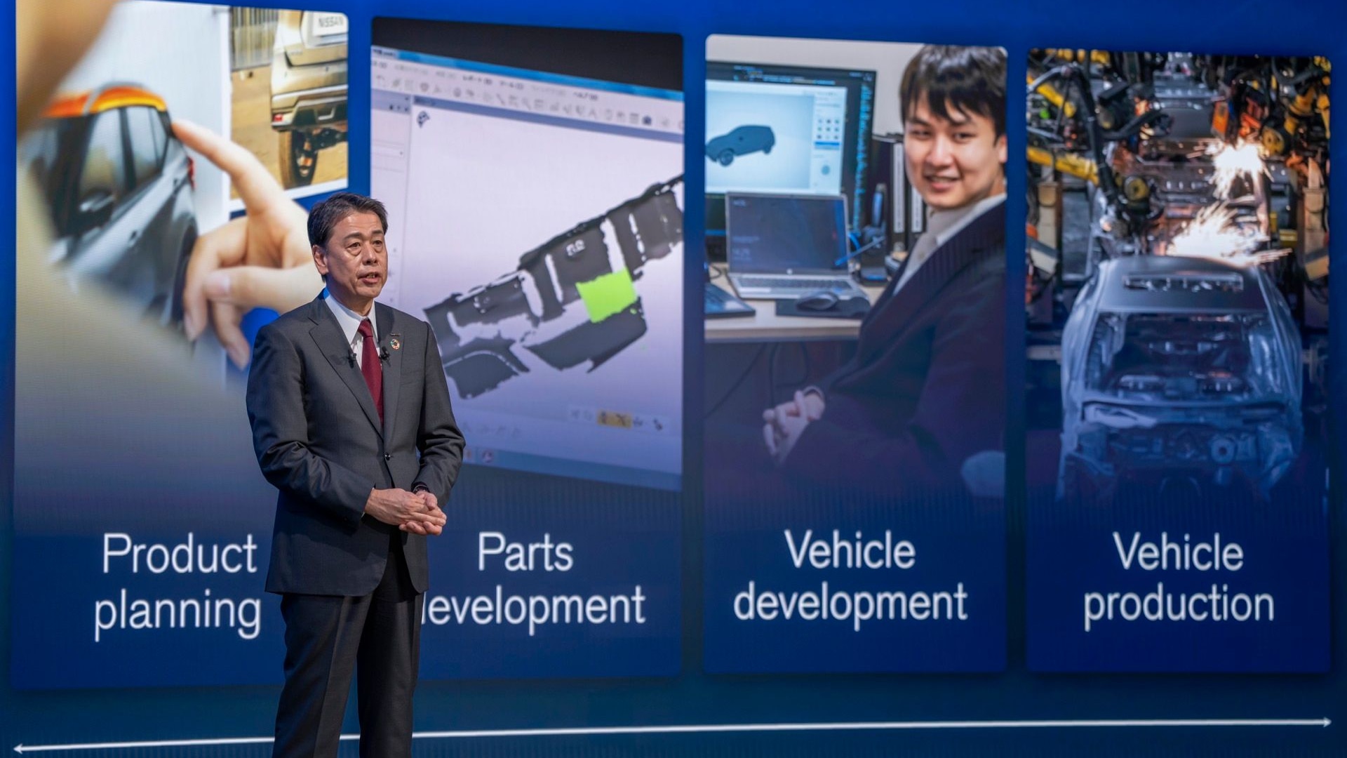 Nissan CEO Makoto Uchida presenting The Arc plan for EVs, hybrids, PHEVs