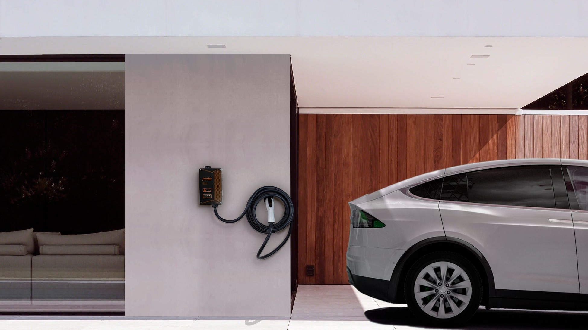 eMotorWerks JuiceBox wall mount charging Tesla Model X