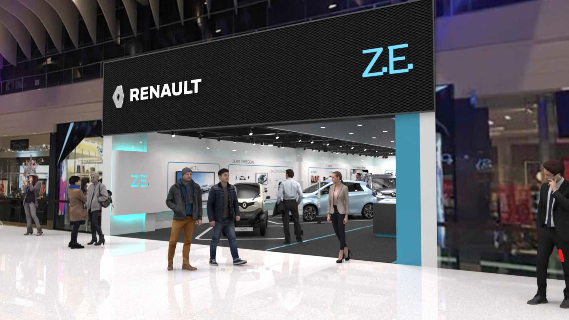 Rendering of Renault Electric Vehicle Experience Center, opened in Taby Centrum, Stockholm, Feb 2018