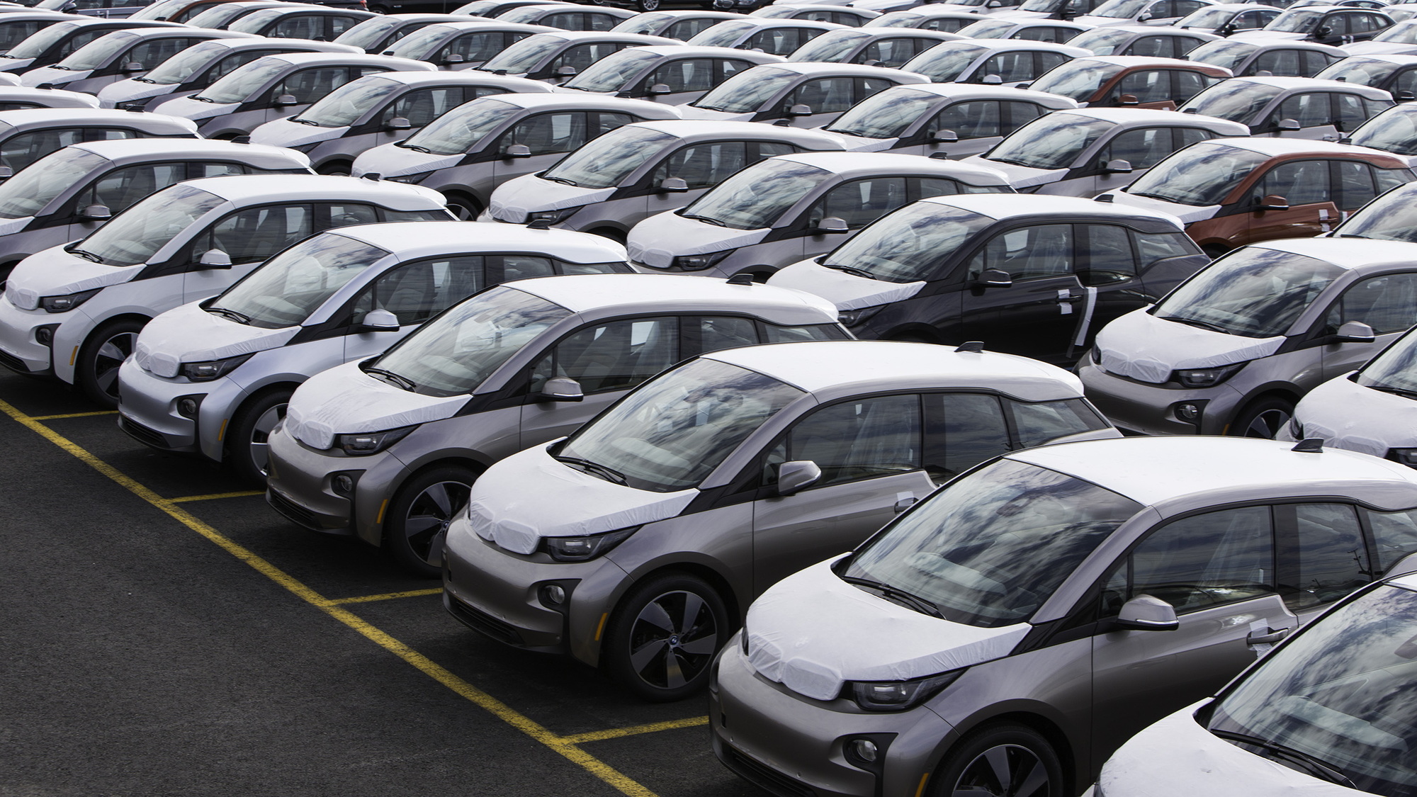 2014 BMW i3 electric cars waiting at East Coast shipping port for distribution, May 2014
