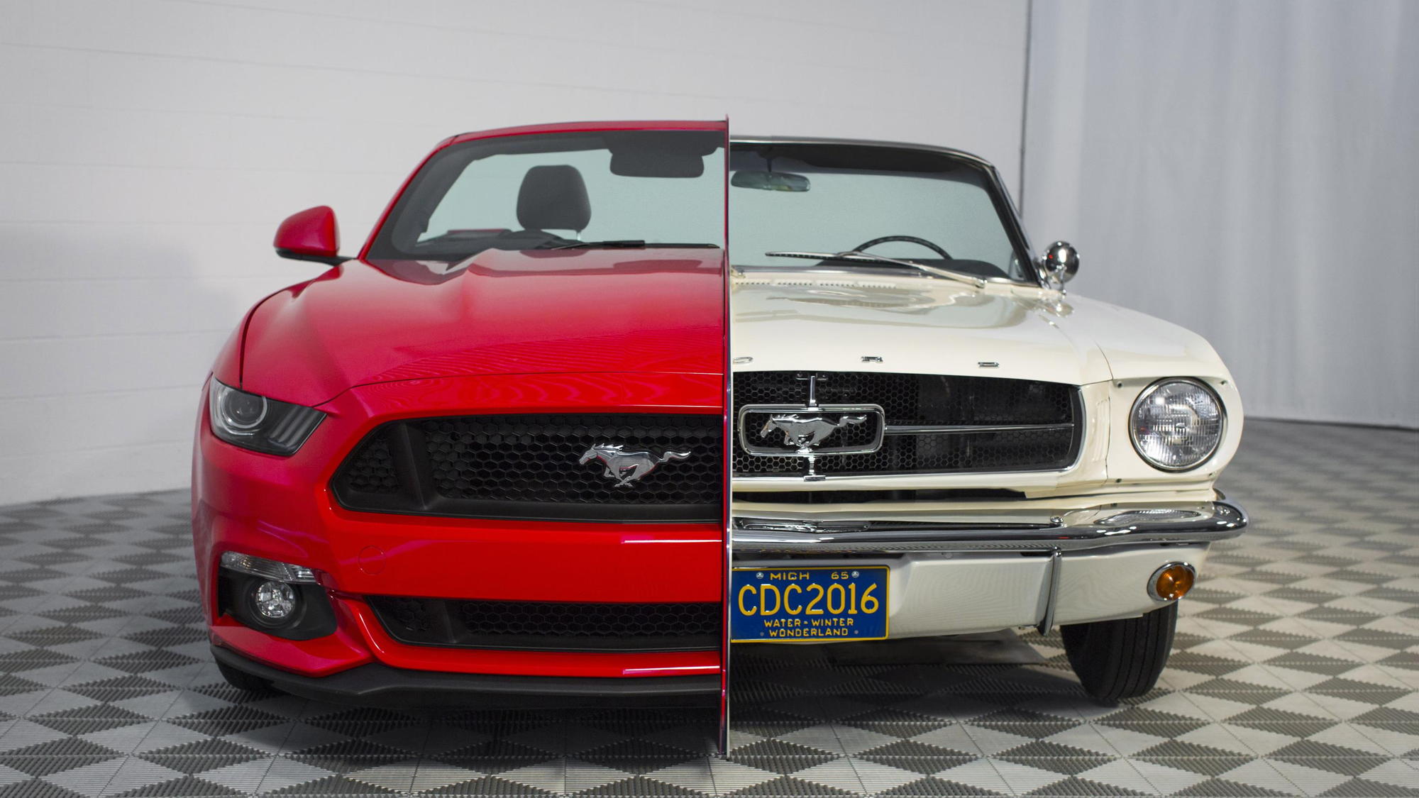 Side-by-side Ford Mustangs at the National Inventors Hall of Fame Museum