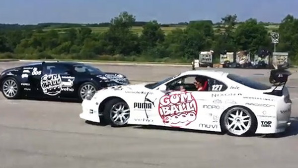 Toyota Supra drifts around Bugatti Veyron at Gumball 3000