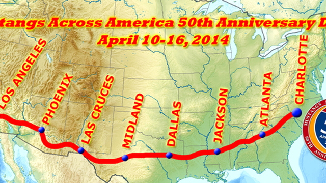 The route for Mustangs Across America's 50th Anniversary tour