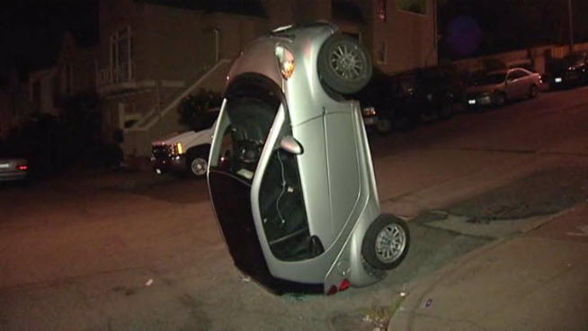 Smart ForTwo tipped over in San Francisco. Photo by NBC Bay Area.