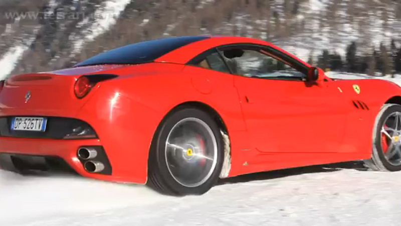 Ferrari California on the snow fields of St. Moritz, Switzerland